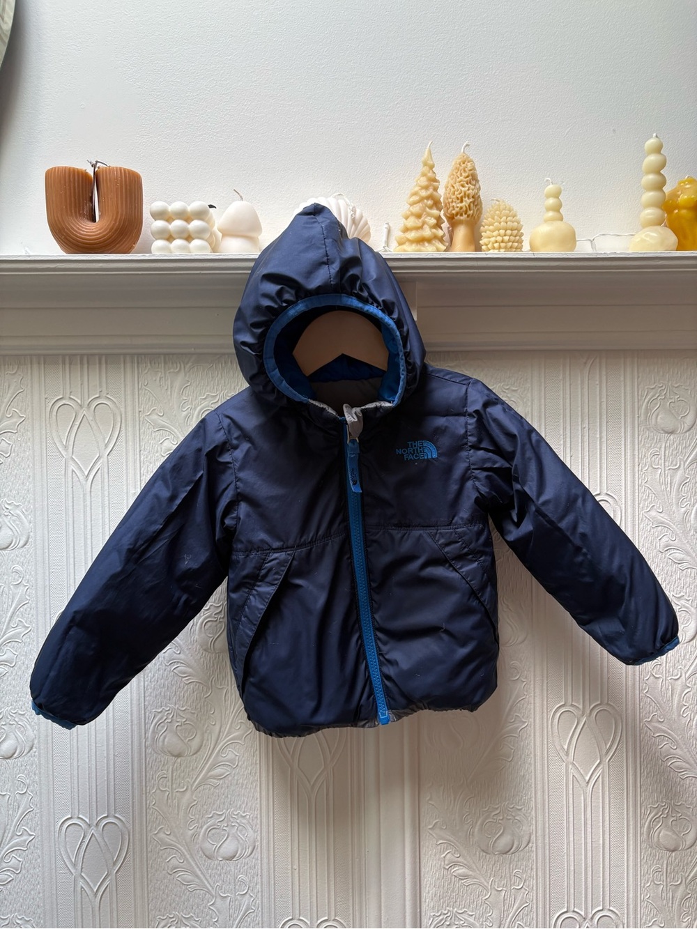 The North Face toddler jacket gray with blue lining